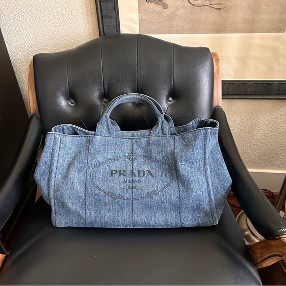 Auth PRADA Canapa Blue Denim Tote Bag gold hardware rolled handle 16”W 11”D 10”H - Picture 1 of 13